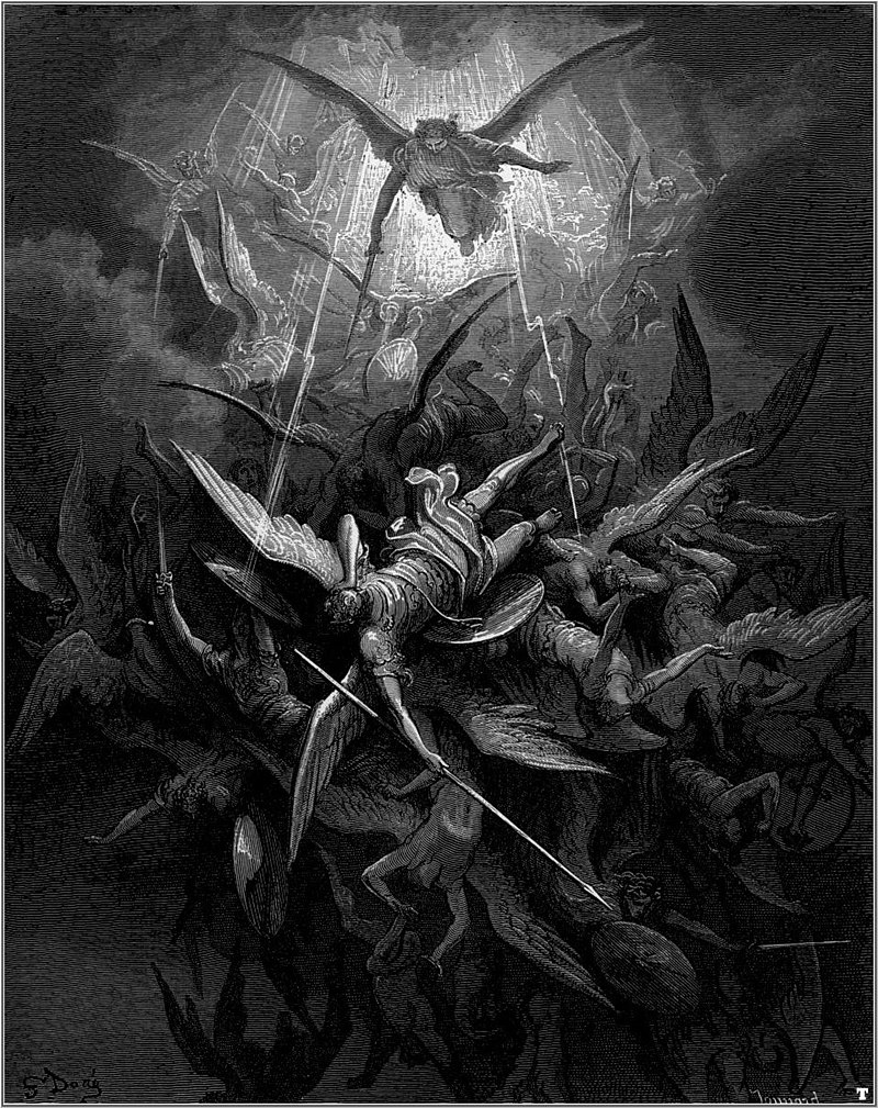São Miguel lutando contra Lúcifer, batalha entre anjos e demônios.