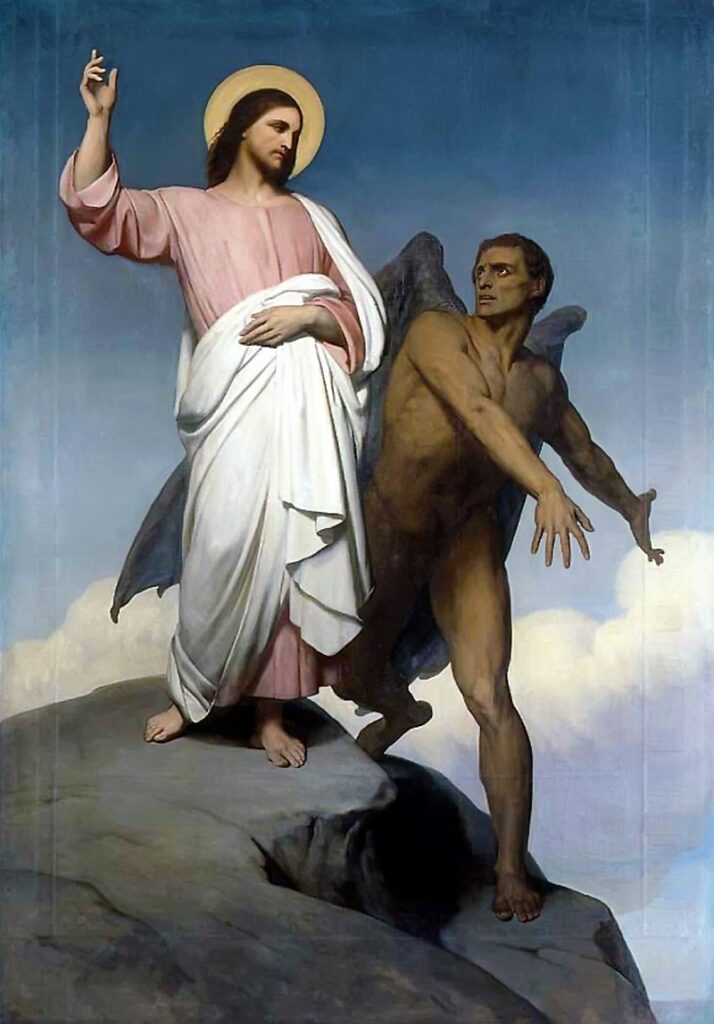 Pintura do demônio tentando Jesus, que nos ensinou a oração do Pai Nosso que diz "mas livrai-nos do mal"