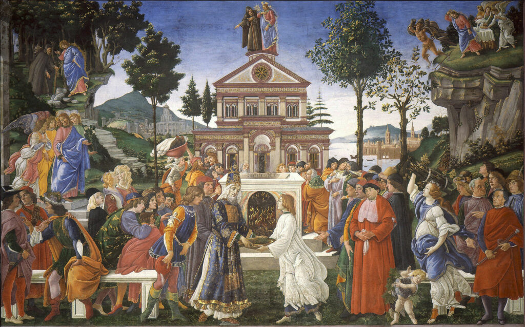 Tentações de Cristo. 1481-82. Por Botticelli, na Capela Sistina, no Vaticano.