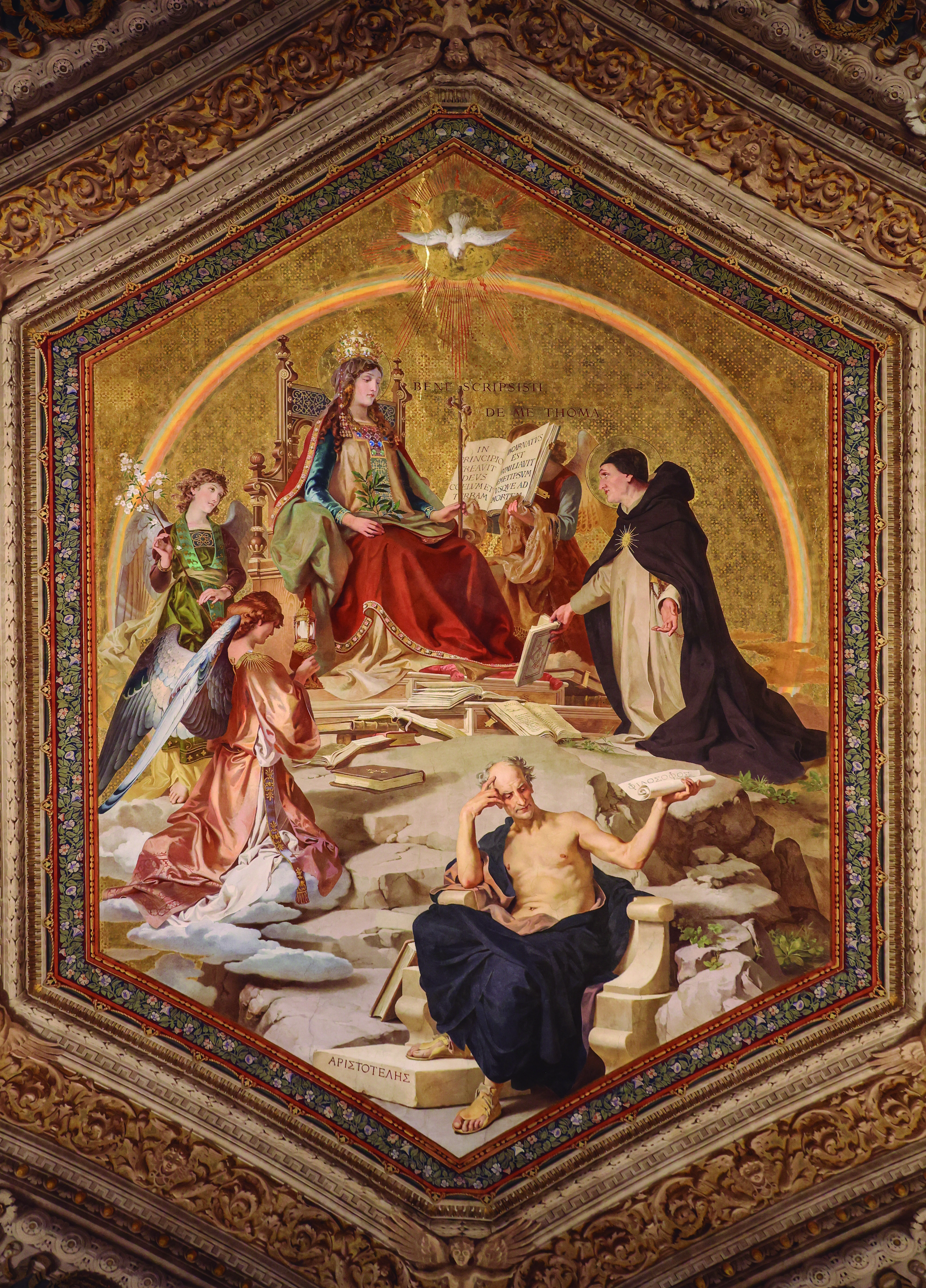 Afresco no teto do Museu do Vaticano, com São Tomás de Aquino oferecendo suas obras à Igreja. Fé e razão em Santo Tomás.