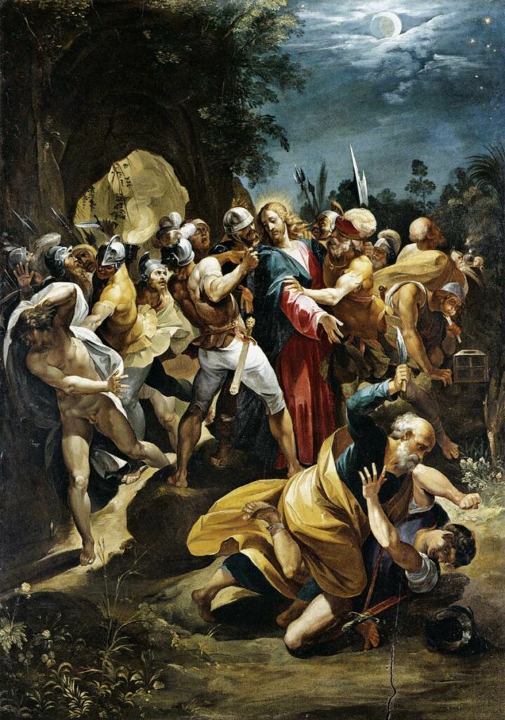 A personalidade de São Pedro é manifesta ao atacar os soldados. Pintura de Giuseppe Cesari, 