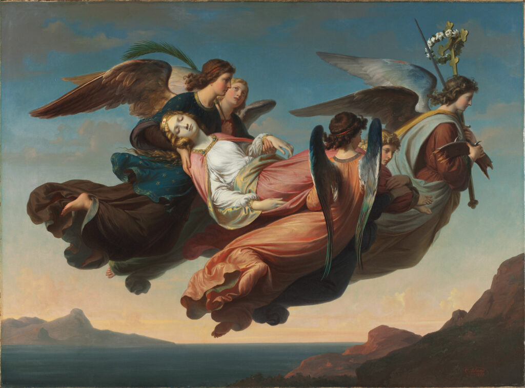 pintura do corpo de santa catarina de alexandria sendo levada ao monte sinai. 