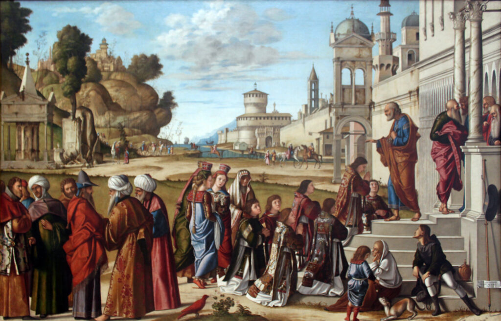 pintura da cena de atos 6, quando santo estevão é escolhido como 1 dos 7 primeiros diáconos. 