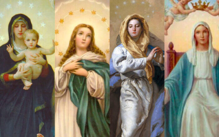 imagem que representa os 4 dogmas marianos, entre eles o da imaculada conceição.