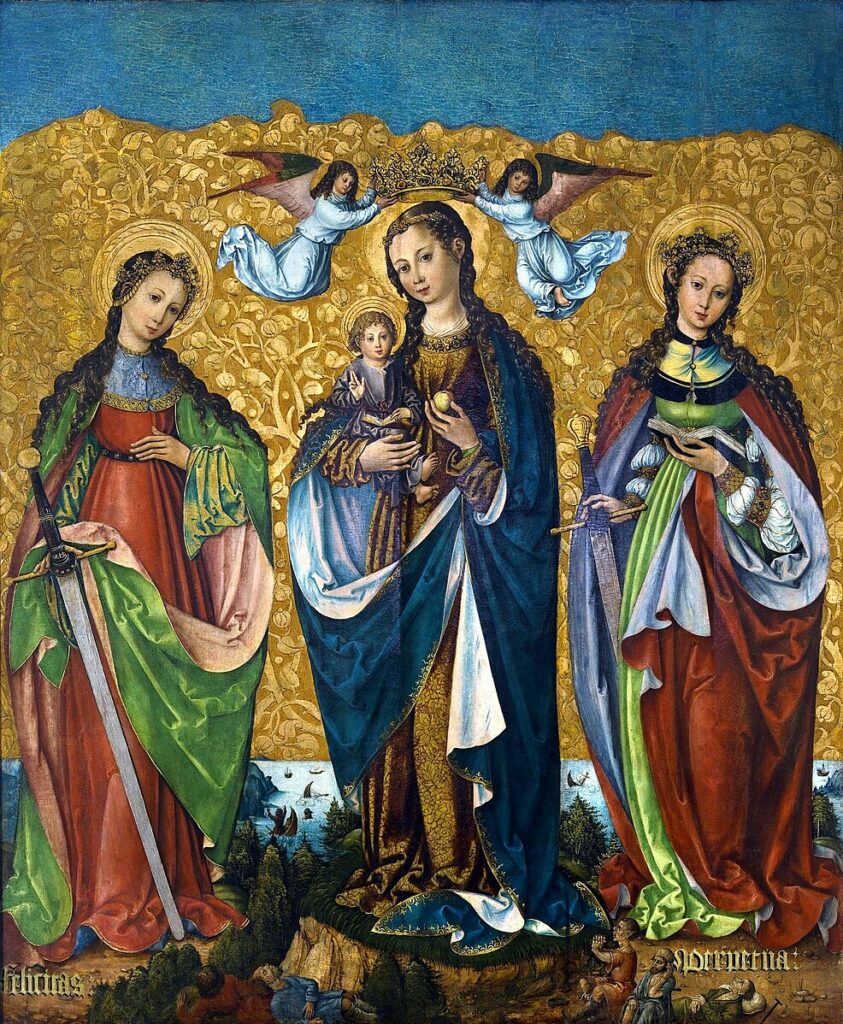 imagem da Virgem Maria com o Menino Jesus e as santas Perpétua e Felicidade.